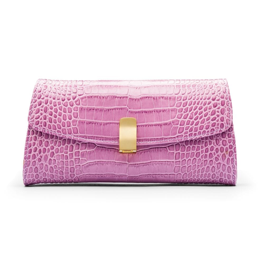 Leather clutch bag, lilac croc, front view