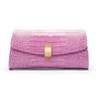 Leather clutch bag, lilac croc, front view