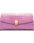 Leather clutch bag, lilac croc, front view