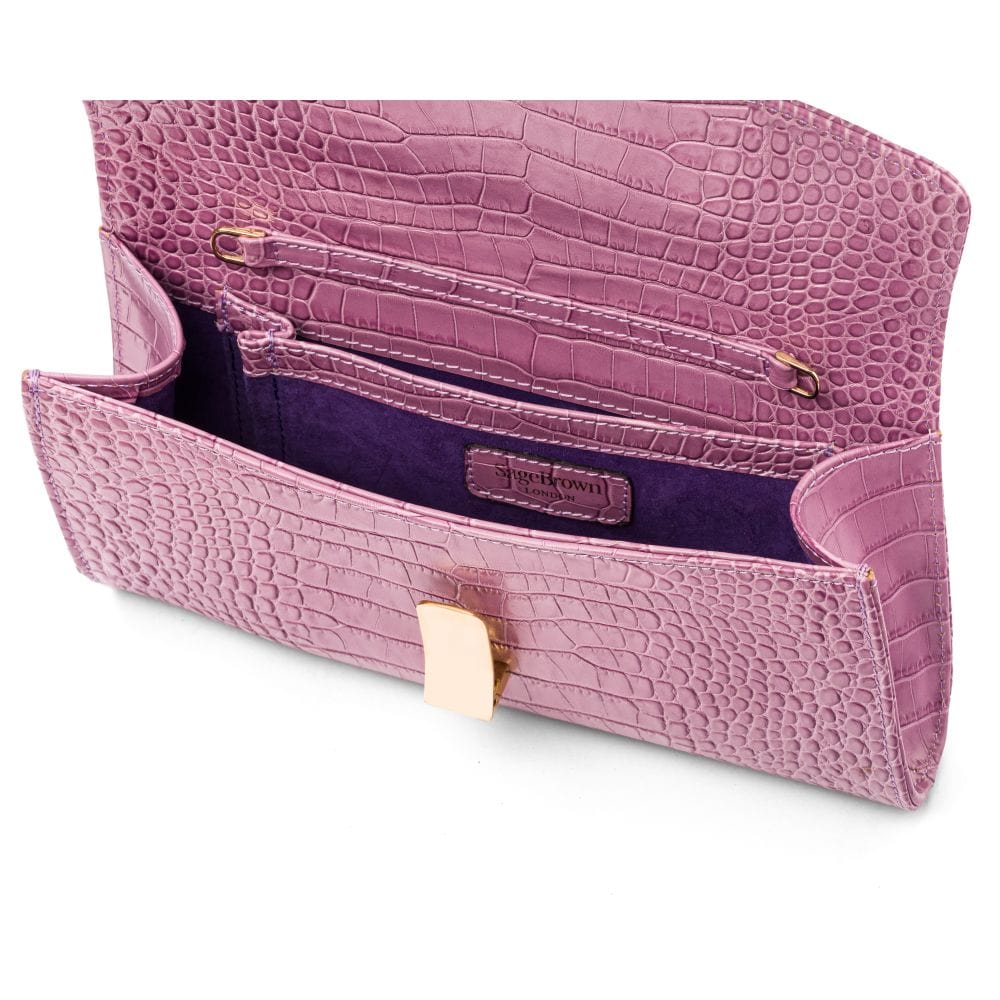 Leather clutch bag, lilac croc, inside view