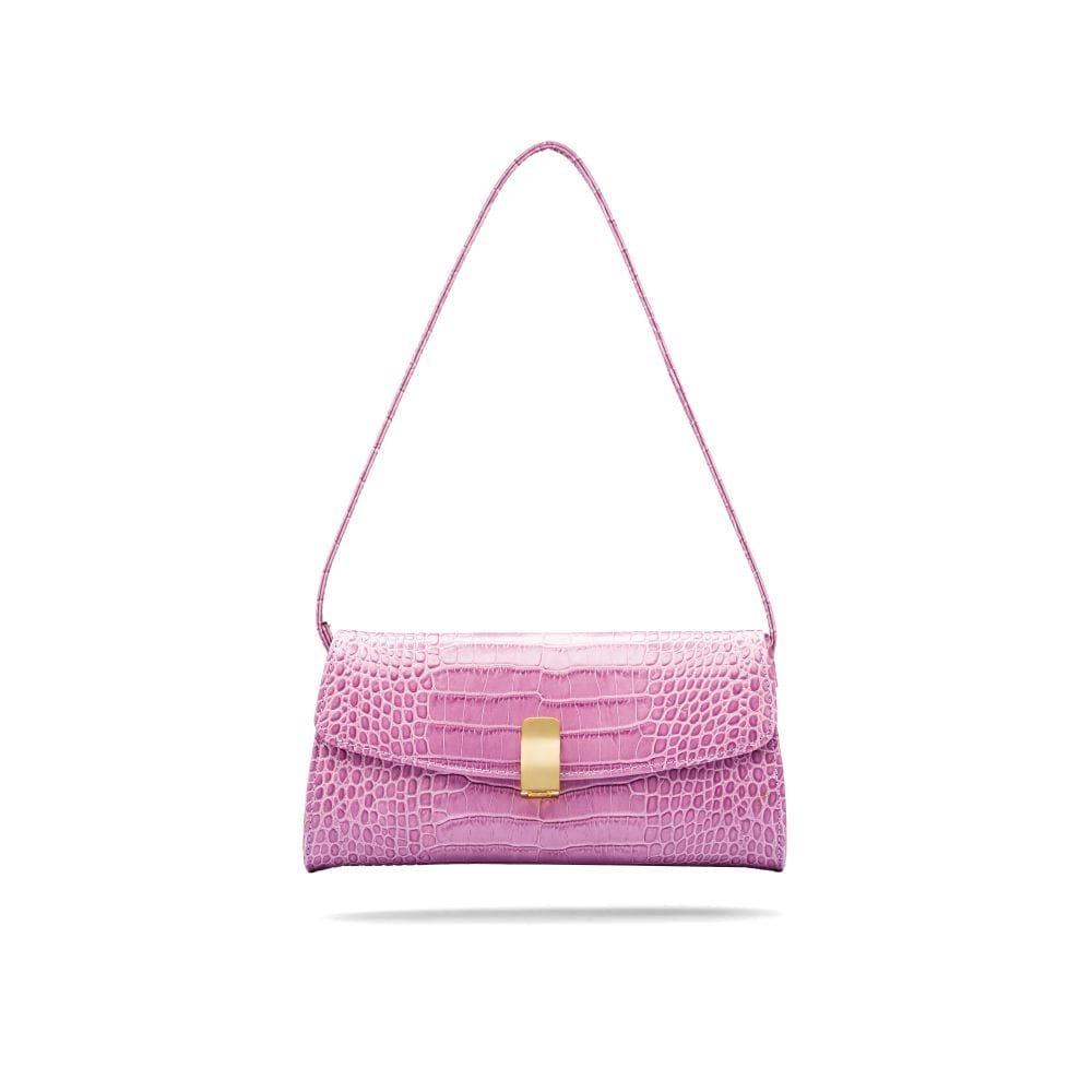 Leather clutch bag, lilac croc, short strap