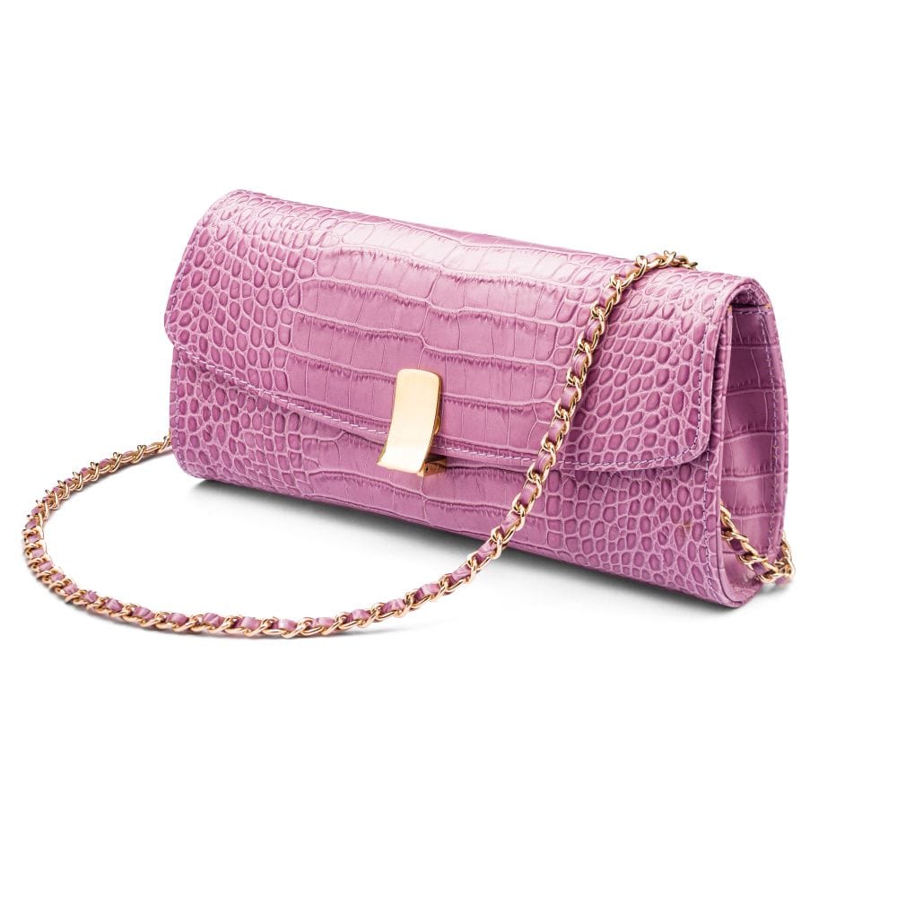 Leather clutch bag, lilac croc, long chain strap