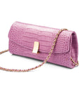 Leather clutch bag, lilac croc, long chain strap