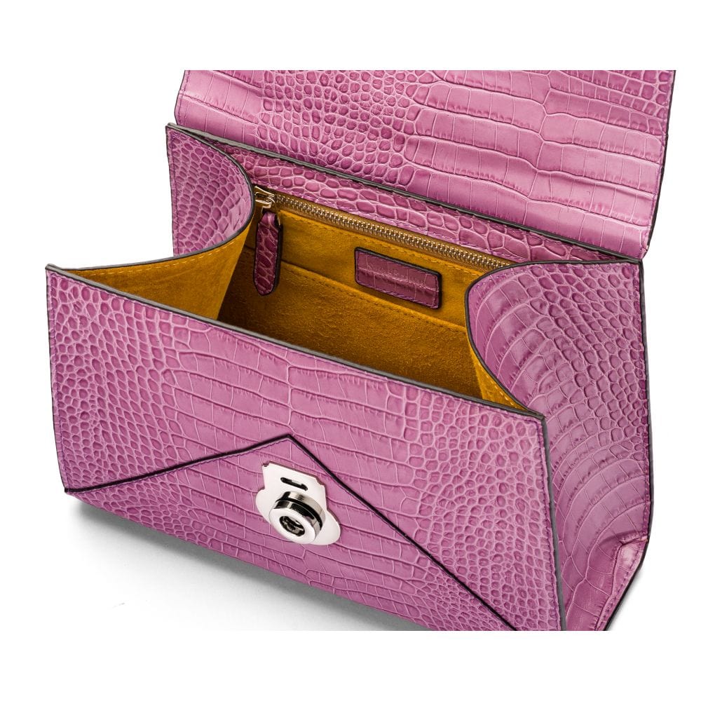 Leather top handle bag, Burnett bag, lilac croc, inside