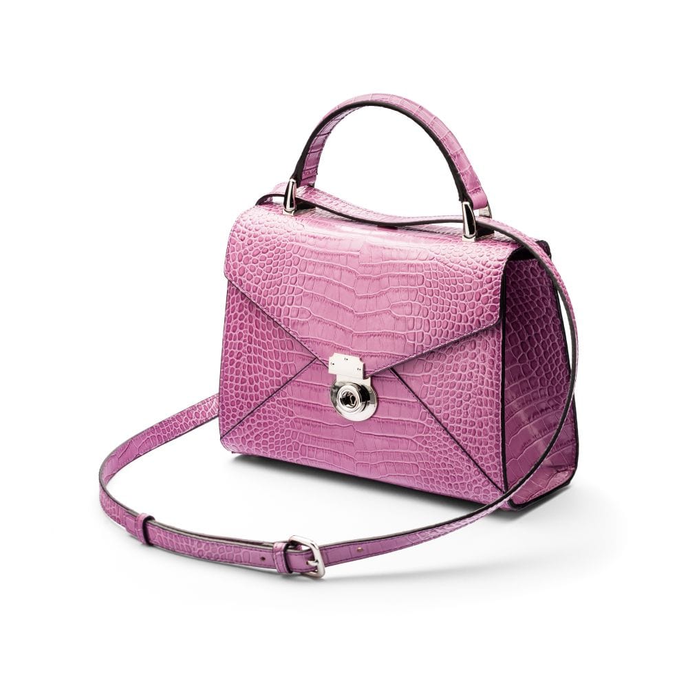 Leather top handle bag, Burnett bag, lilac croc, shoulder strap