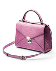 Leather top handle bag, Burnett bag, lilac croc, shoulder strap