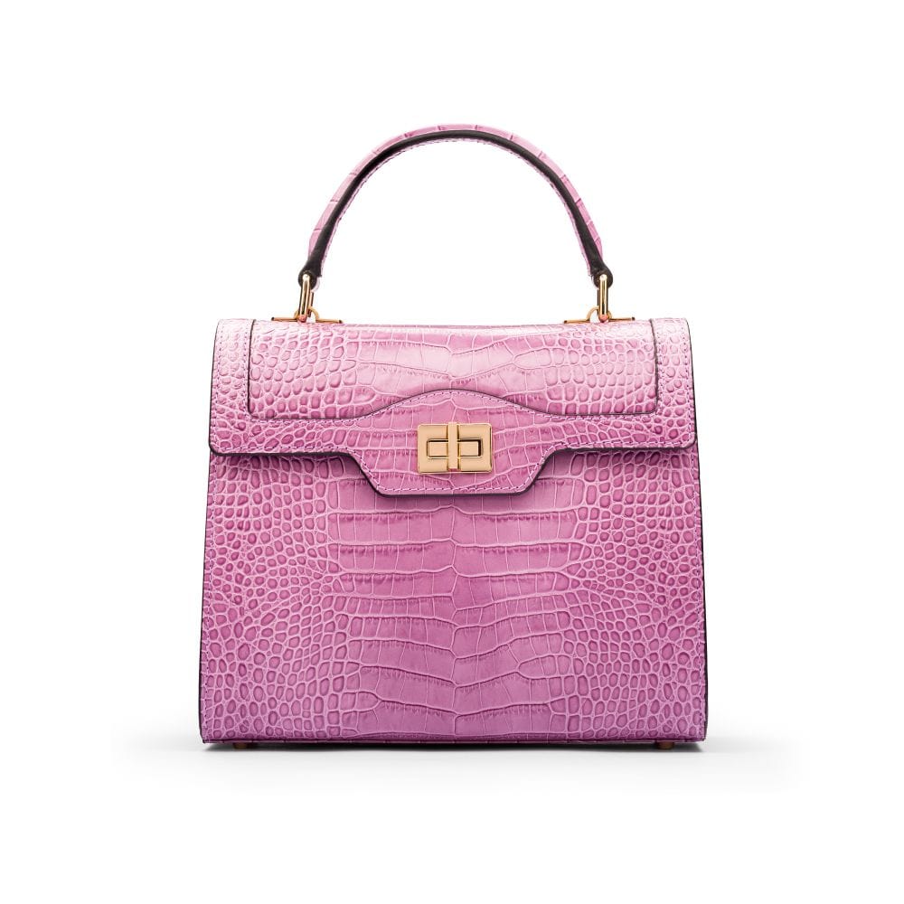 Leather signature Morgan bag, lilac croc, front view