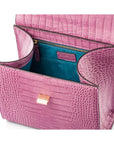 Leather signature Morgan bag, lilac croc, inside view