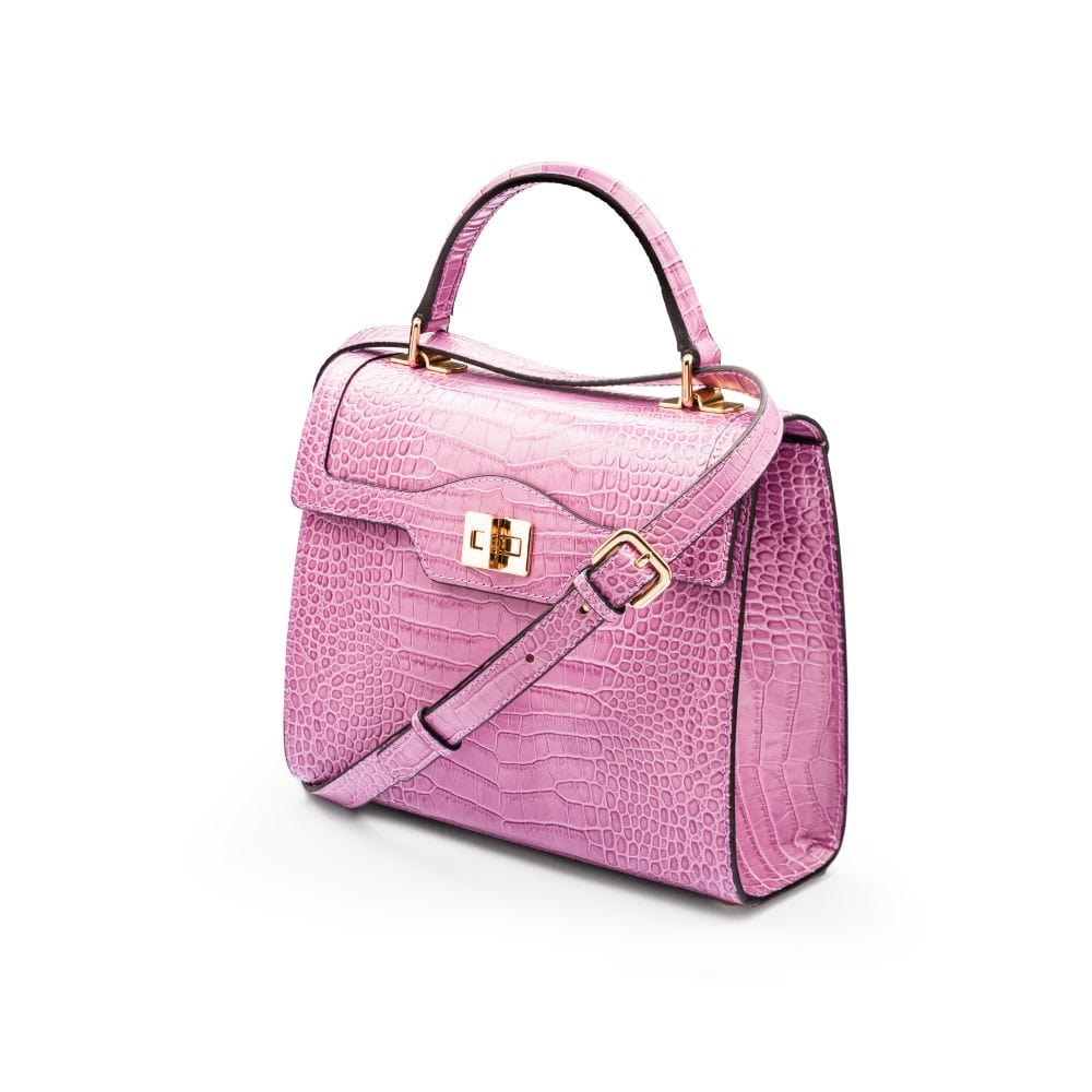 Leather signature Morgan bag, lilac croc, side view