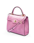 Leather signature Morgan bag, lilac croc, side view