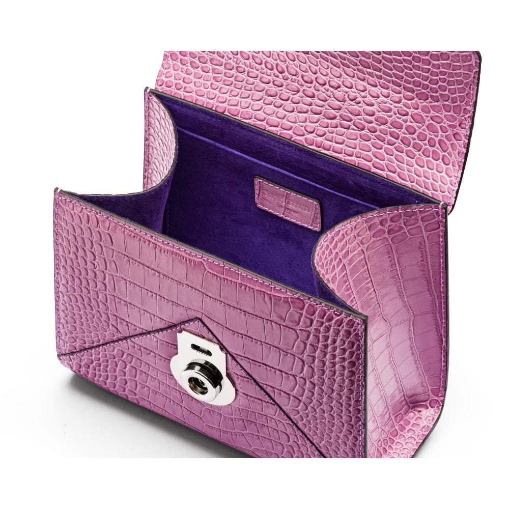 Small leather envelope bag, lilac croc, inside