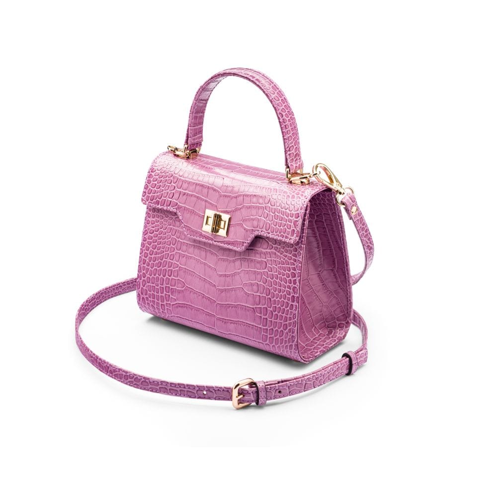 Mini leather Morgan Bag, top handle bag, lilac croc, side view