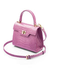 Mini leather Morgan Bag, top handle bag, lilac croc, side view