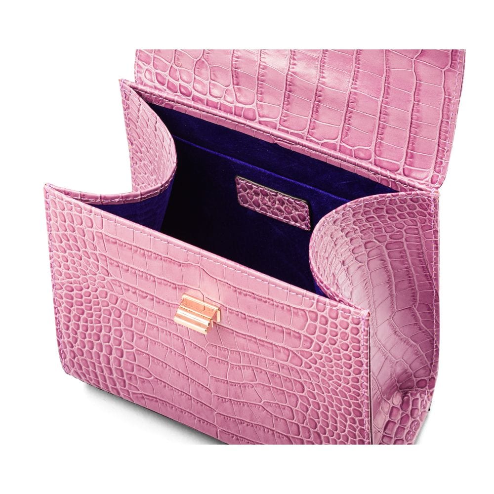 Mini leather Morgan Bag, top handle bag, lilac croc,  inside view