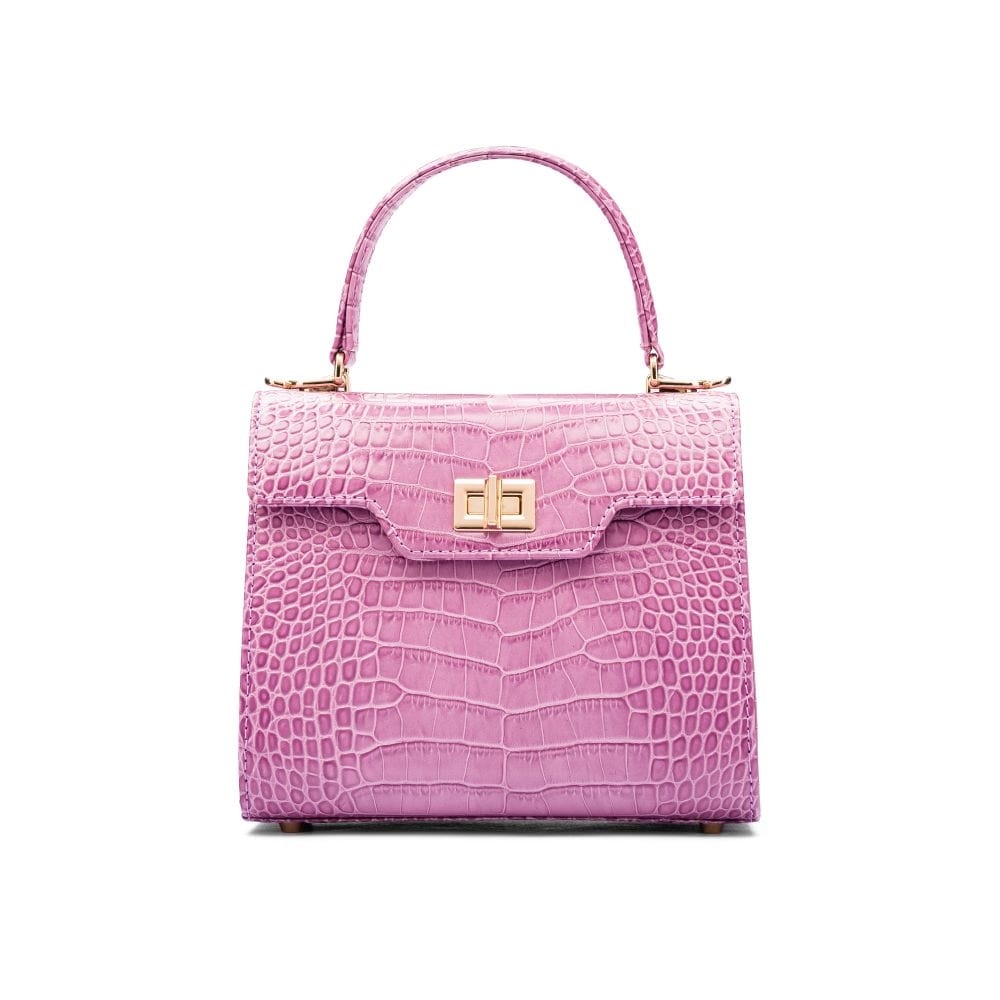 Mini leather Morgan Bag, top handle bag, lilac croc, front view