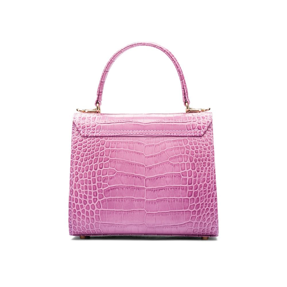 Mini leather Morgan Bag, top handle bag, lilac croc, back view