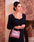 Mini leather Morgan Bag, top handle bag, lilac croc, lifestyle