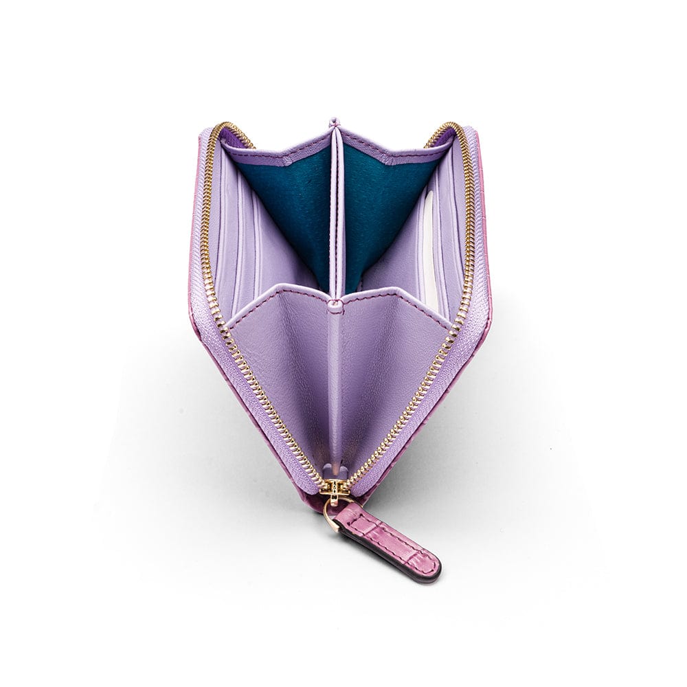 Small leather zip around accordion coin purse, lilac croc, open view