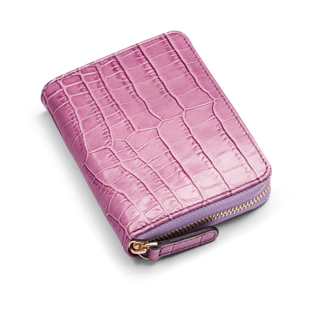 Small leather zip around accordion coin purse, lilac croc, front view