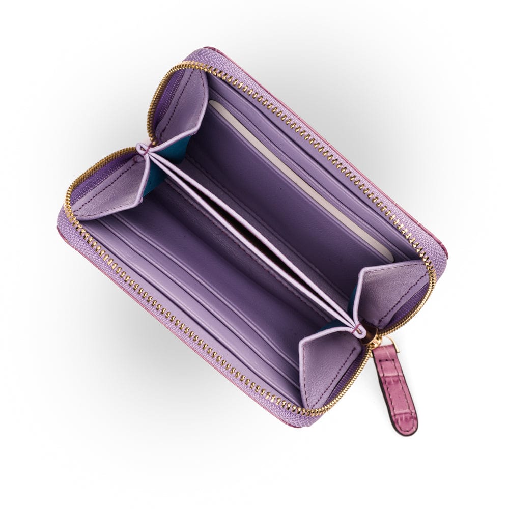 Small leather zip around accordion coin purse, lilac croc, open view 2
