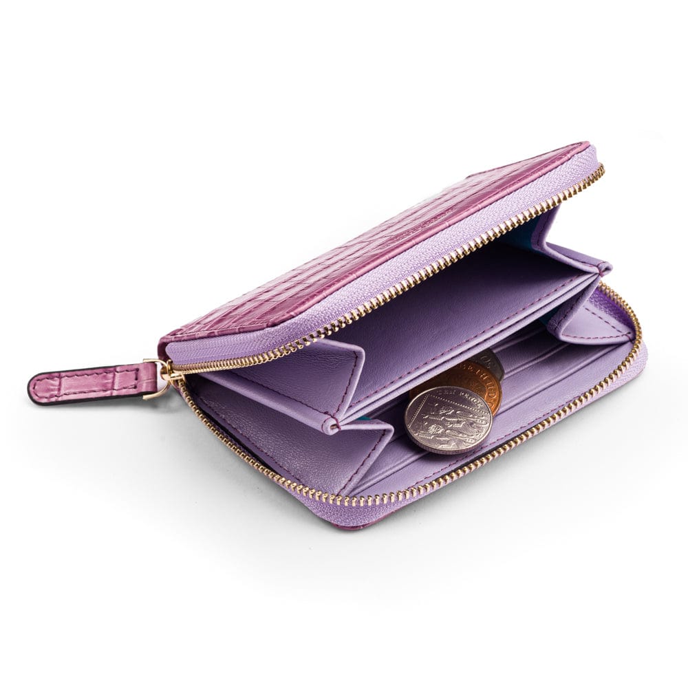 Small leather zip around accordion coin purse, lilac croc, inside view