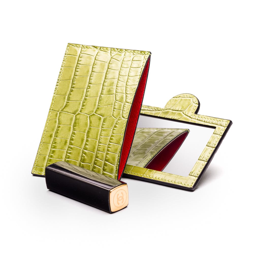 Compact leather mirror, lime croc