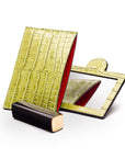 Compact leather mirror, lime croc