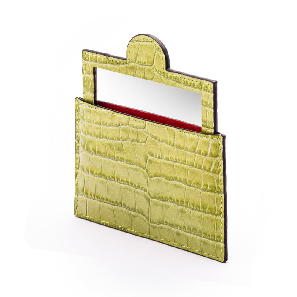 Compact leather mirror, lime croc, side