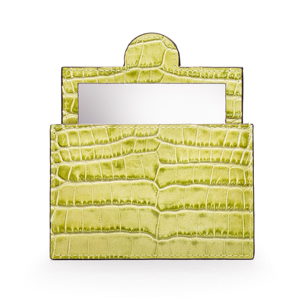 Compact leather mirror, lime croc