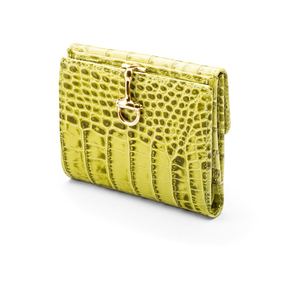 Leather purse with brass clasp, lime green croc, front view