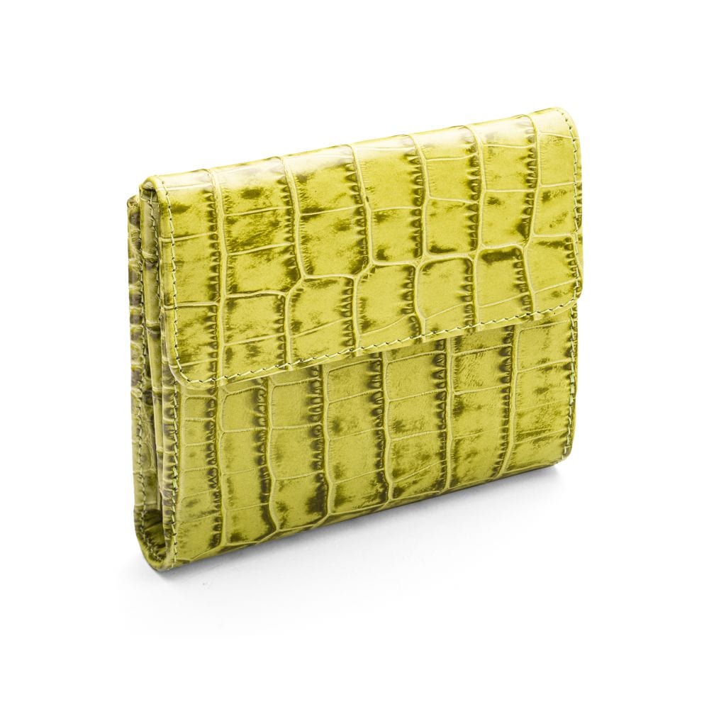 Leather purse with brass clasp, lime green croc, back