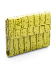 Leather purse with brass clasp, lime green croc, back