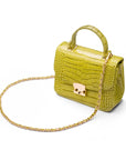 Small leather top handle bag, lime green croc, side