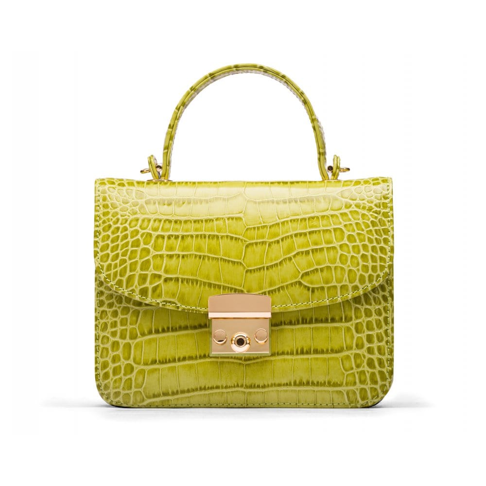 Small leather top handle bag, lime green croc, front