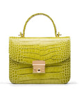 Small leather top handle bag, lime green croc, front