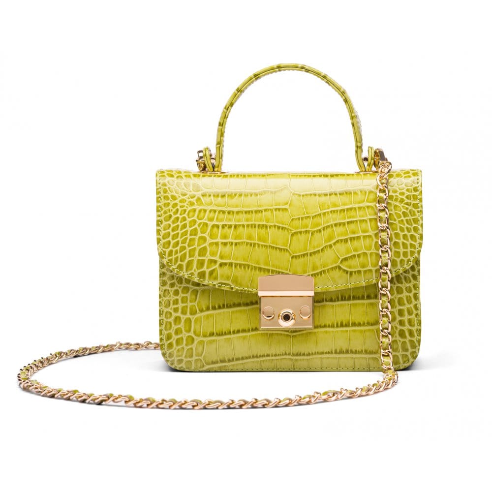 Small leather top handle bag, lime green croc, with chain strap