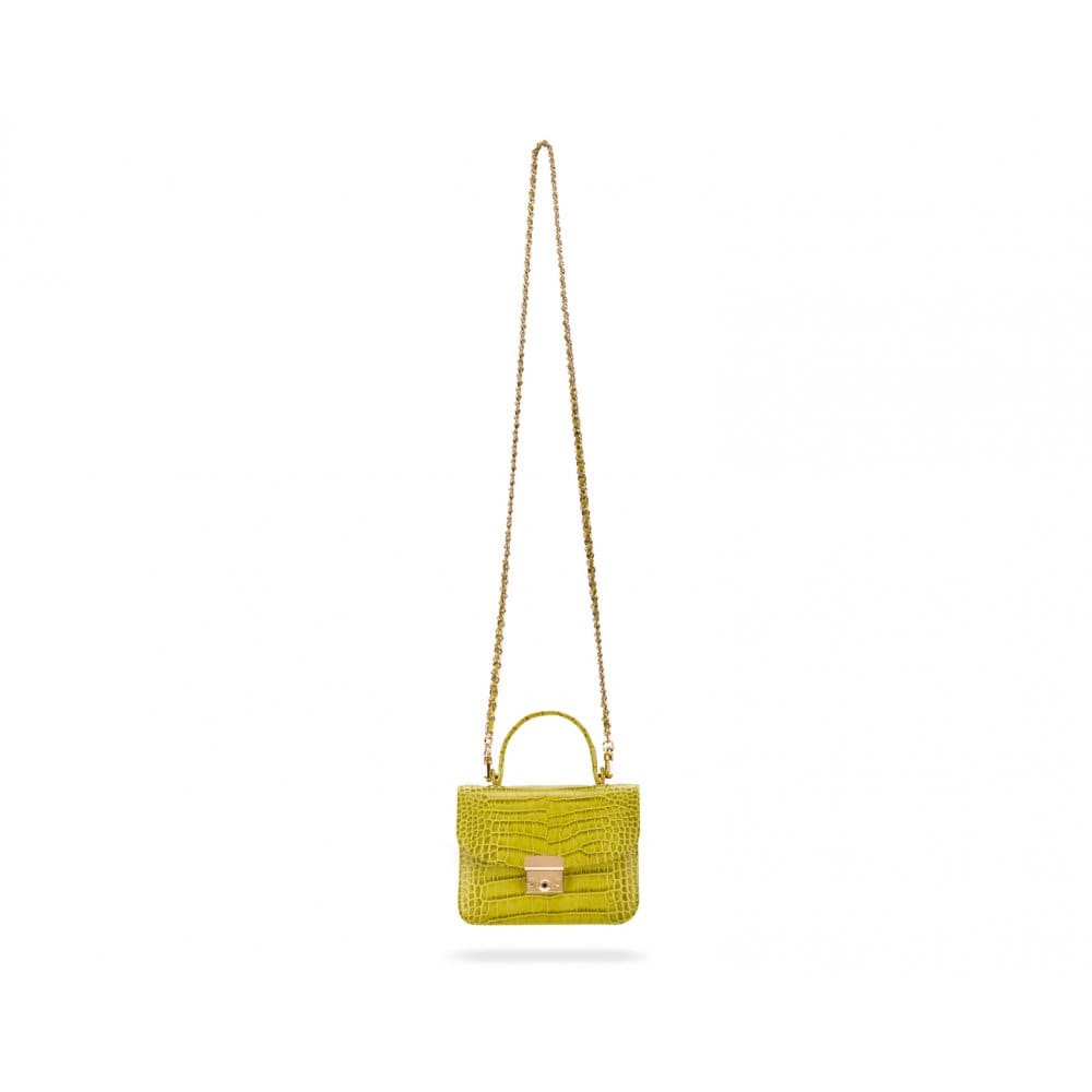 Small leather top handle bag, lime green croc