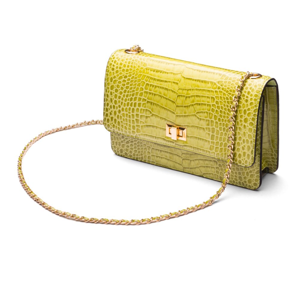 Leather chain bag, lime croc, side view
