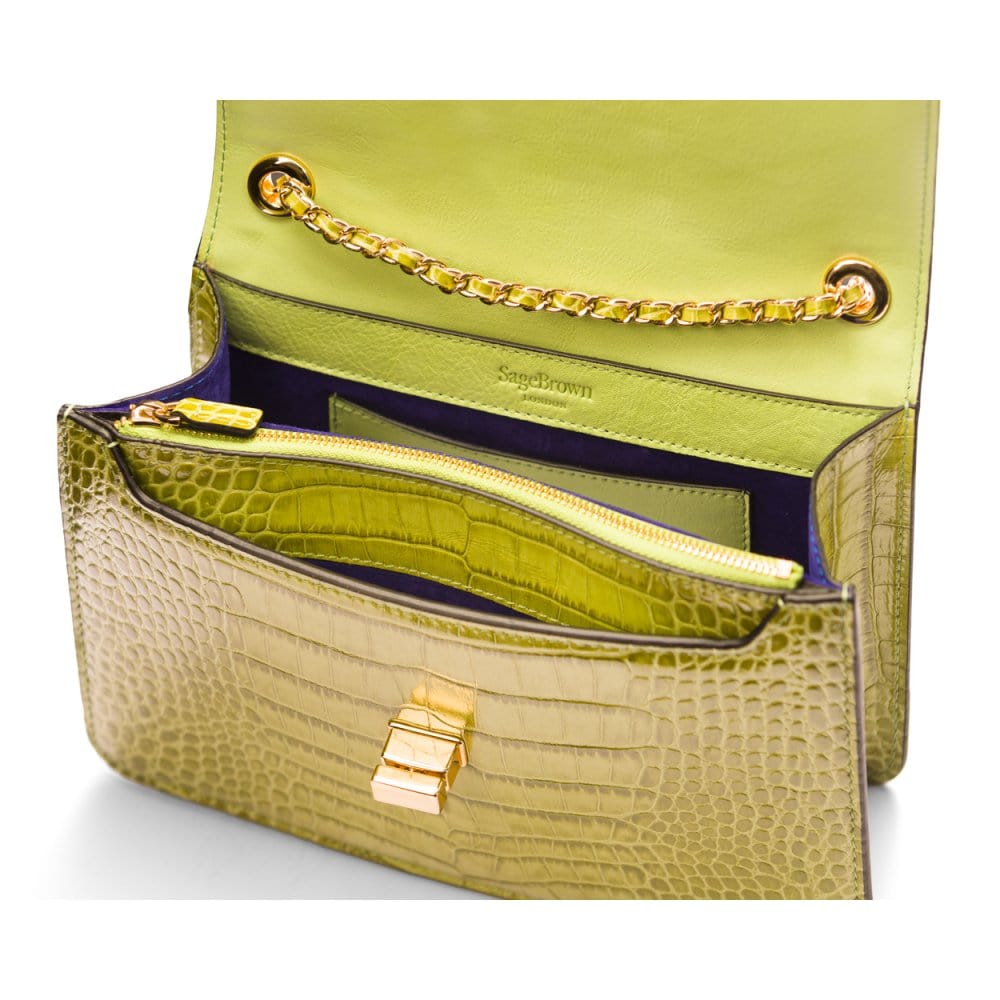 Leather chain bag, lime croc, inside view