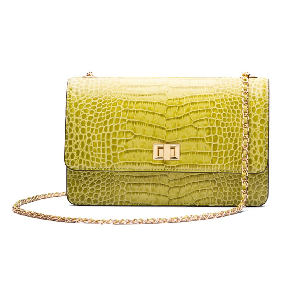 Leather chain bag, lime croc, front view