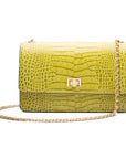 Leather chain bag, lime croc, front view