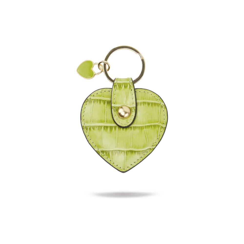 Leather heart shaped key ring, lime croc, front