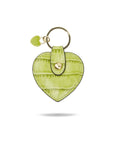 Leather heart shaped key ring, lime croc, front