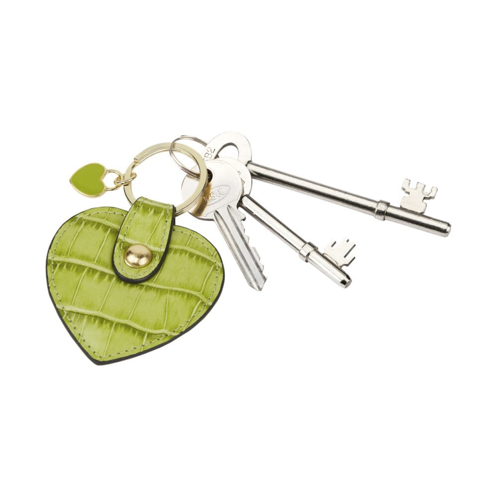 Leather heart shaped key ring, lime croc