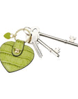 Leather heart shaped key ring, lime croc