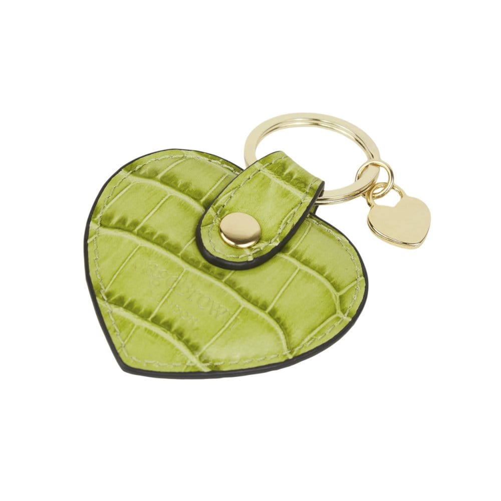 Leather heart shaped key ring, lime croc, back