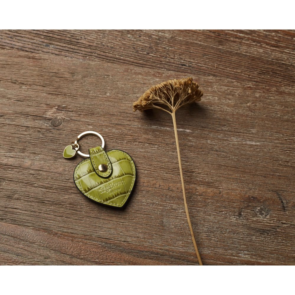 Leather heart shaped key ring, lime croc, lifestyle