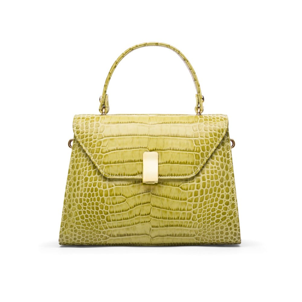 Leather top handle bag, lime green croc, front view