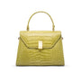 Leather top handle bag, lime green croc, front view