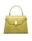 Leather top handle bag, lime green croc, front view